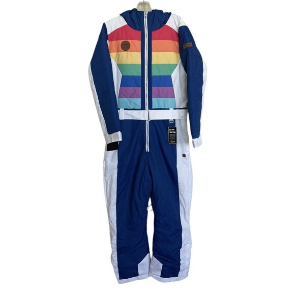 Tipsy Elves Ski Snow Suit Womens Size Medium M Rainbow Runaway Striped Blue